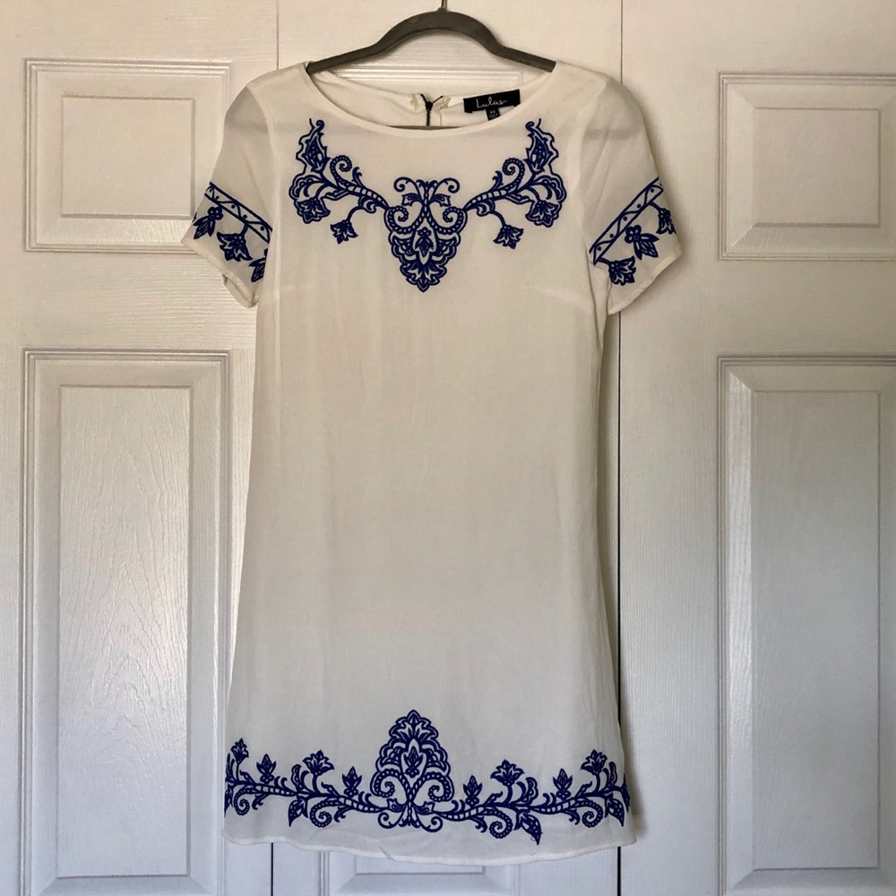 Lulus Cream & Blue Embroidered Dress
